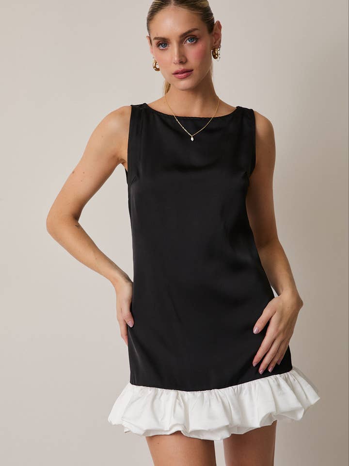 BLACK WHITE BOAT NECK SLEEVELESS BUBBLE HEM DETAIL MINI DRESS for wholesale on Faire5