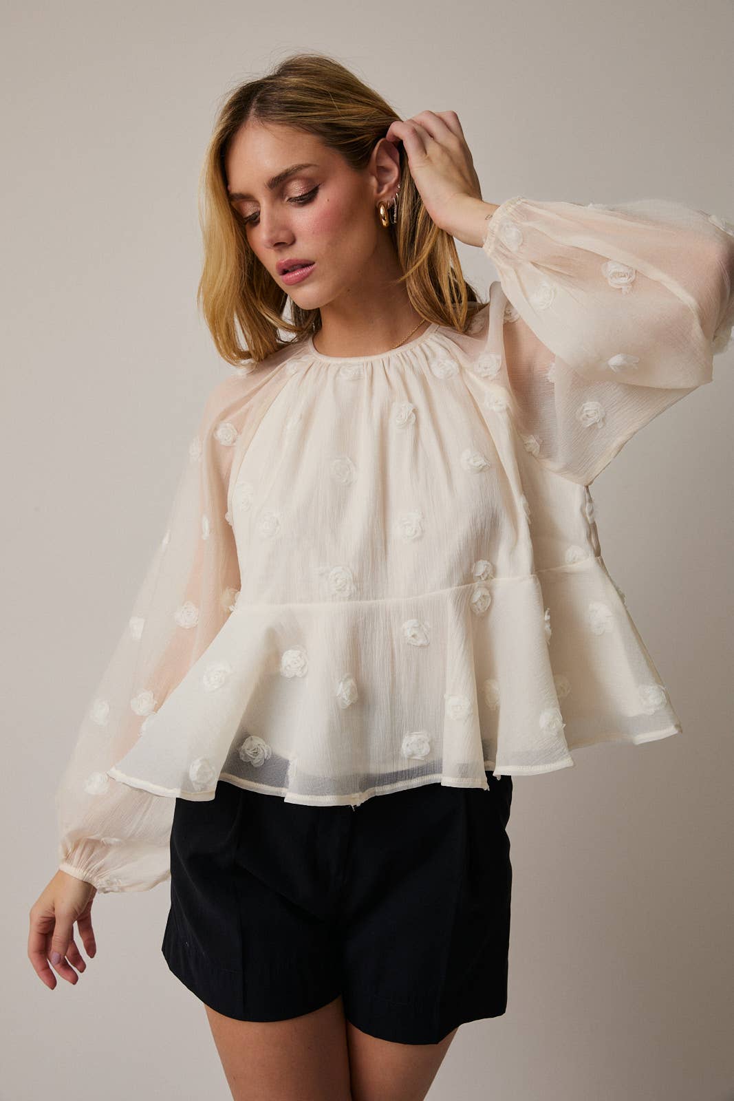Sunday Edition - Wholesale Blouse - Women's - ROUND NECK LONG SLEEVE TIERED MESH BLOUSE9