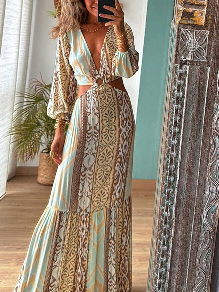 CWDMD5861_V-NECK OPEN WAIST TIE LONG SLEEVE DRESS for wholesale by NINEXIS