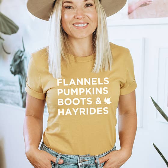 Zoe Creative Co - Vendita all'ingrosso Maglietta serigrafata - Donna - Flannels Pumpkins Boots Hayrides T-Shirt Autunno Camicia Ottobre2