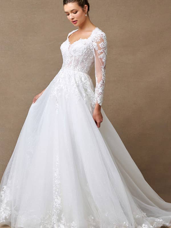 Sheer Long Sleeve Sweetheart Neckline A Line Dress for wholesale by Babyfox Apparel