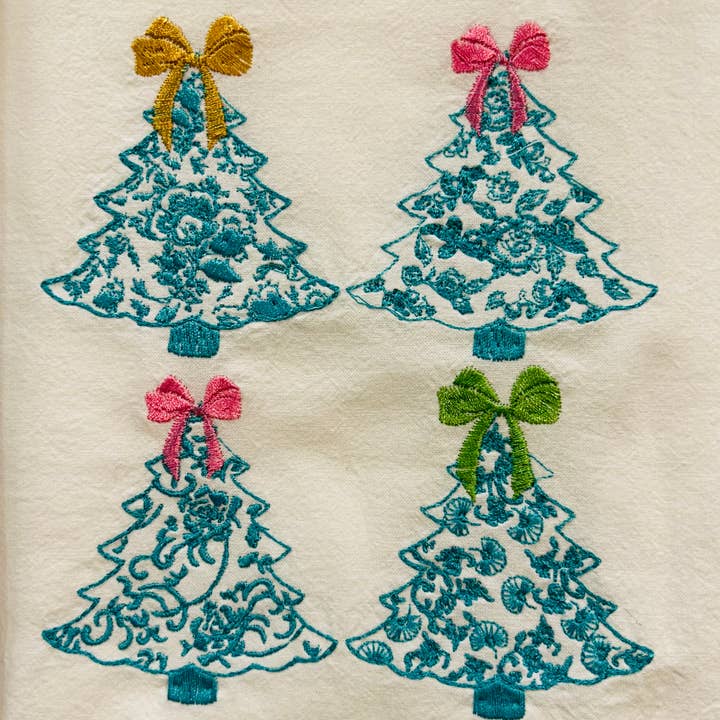 Vibrantly Blue - Wholesale Tea Towel - Towel - Aqua Blue Trees with Jeweled Bow Colors