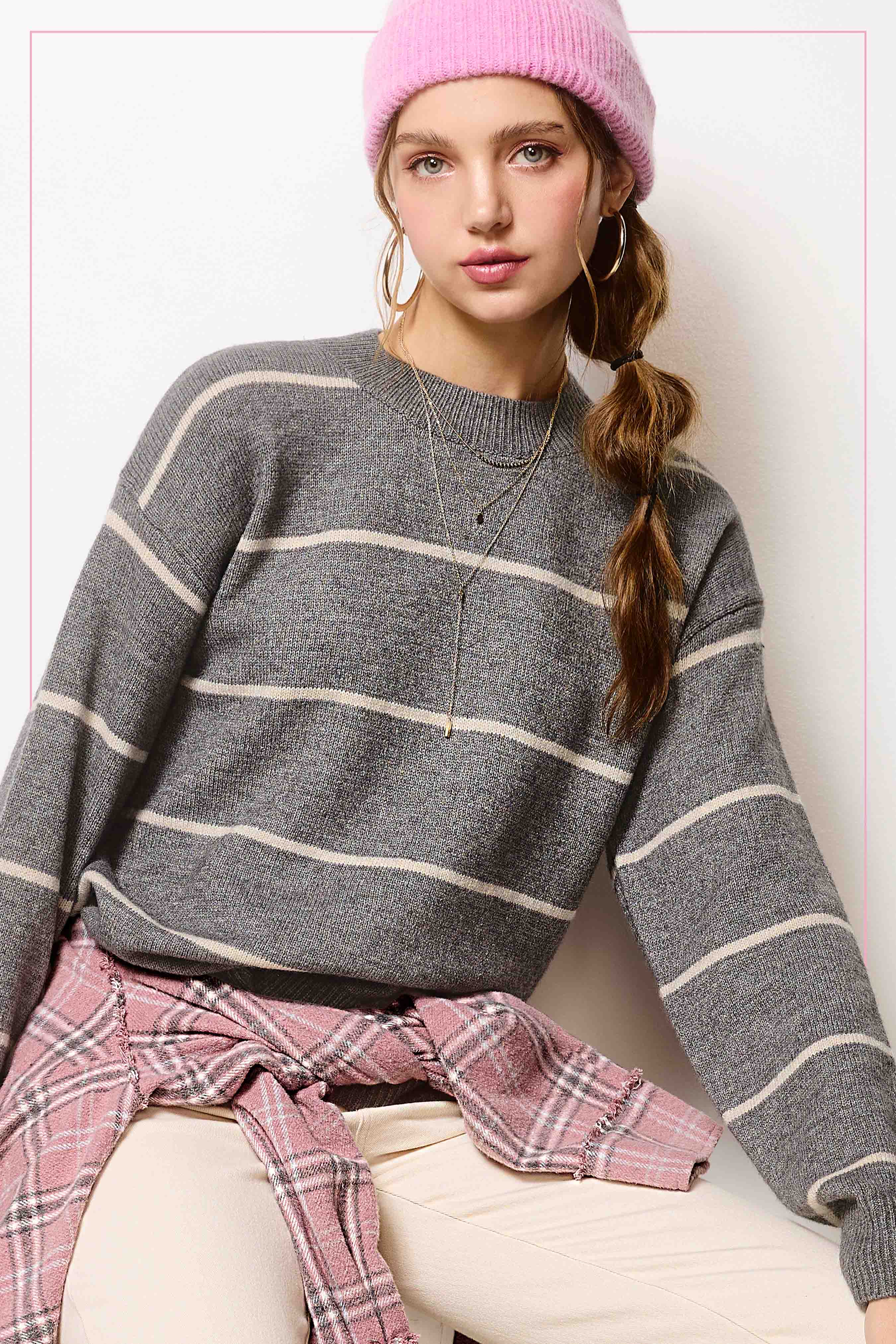 La Miel - Wholesale Knit Sweater - Women's - HCS3553-Loose Fit Stripe Long Sleeve Crewneck Sweater28