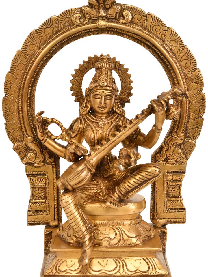 9" Goddess Saraswati Seated On Throne In Brass | Handmade for wholesale by Exotic India Art