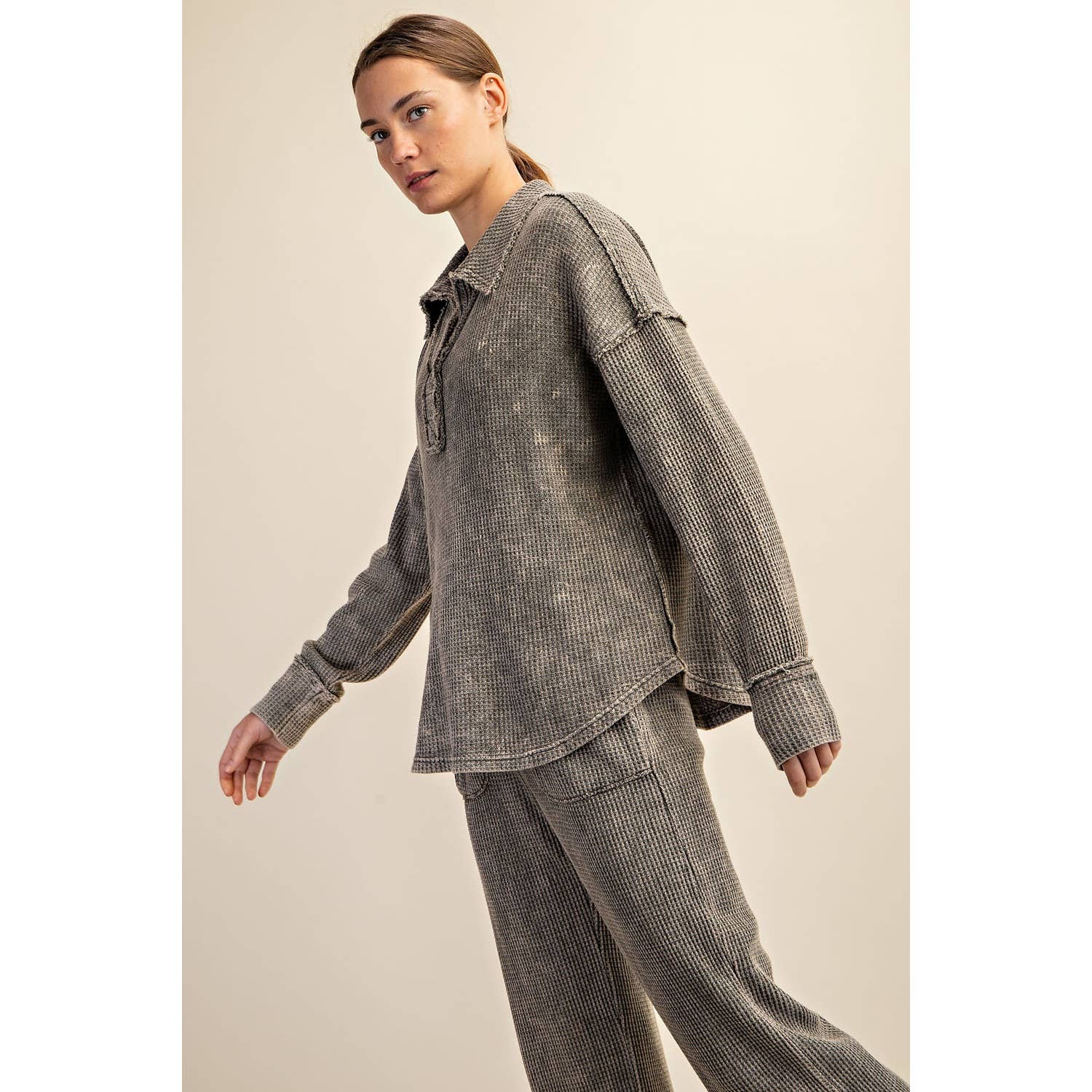 Rae Mode - Wholesale Athletic Top - Women's - MINERAL WASHED WAFFLE POLO SWEATSHIRT29