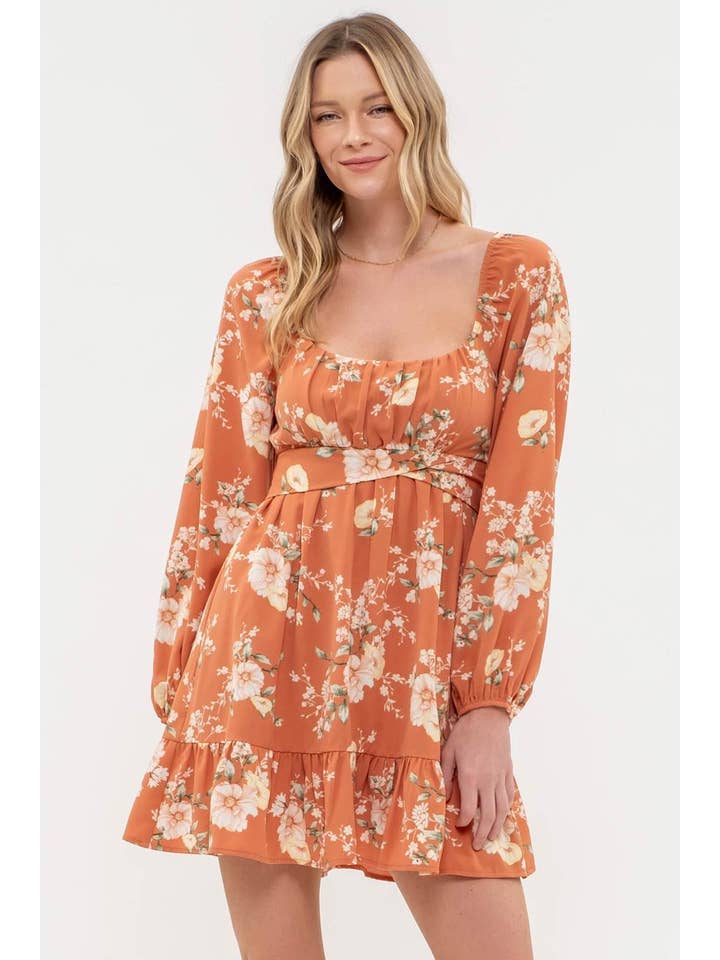 Blu Pepper - Wholesale Dress - Women's - FLORAL LONG SLEEVE BACK TIE MINI DRESS6