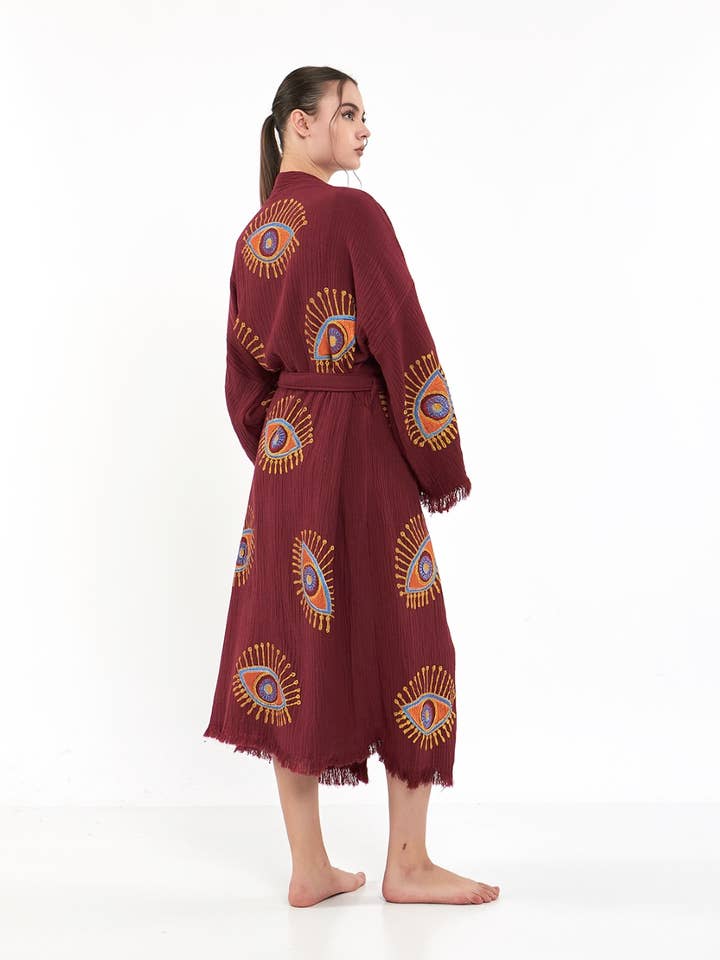 Yaz Concepts - Wholesale Kimono - Women's - Burgundy Evil Eye Print Bathrobe Festival Kimono Robe 9