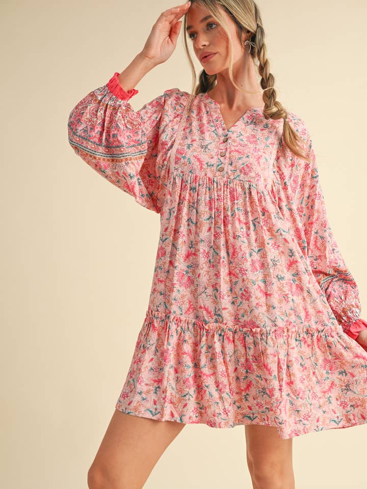 &MERCI - Wholesale Dress - Women's - EXCLUSIVE PRINT PUFF SLEEVE TIERED BABYDOLL DRESS MDR349019