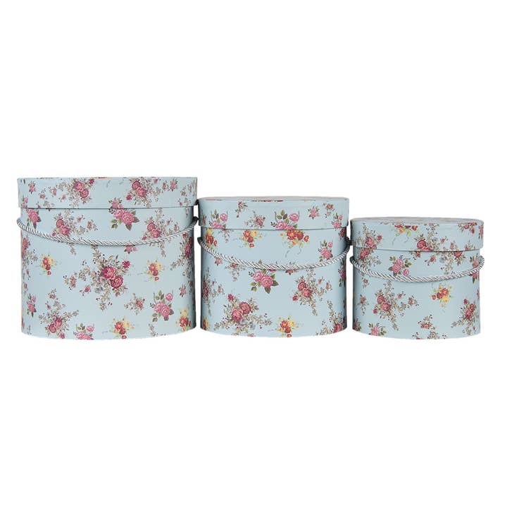 Clayre & Eef – Großhandel Dekoschachteln – 65008 Hutschachtel, 3-teilig, Ø 23x19 cm, blau-rosa, Karton