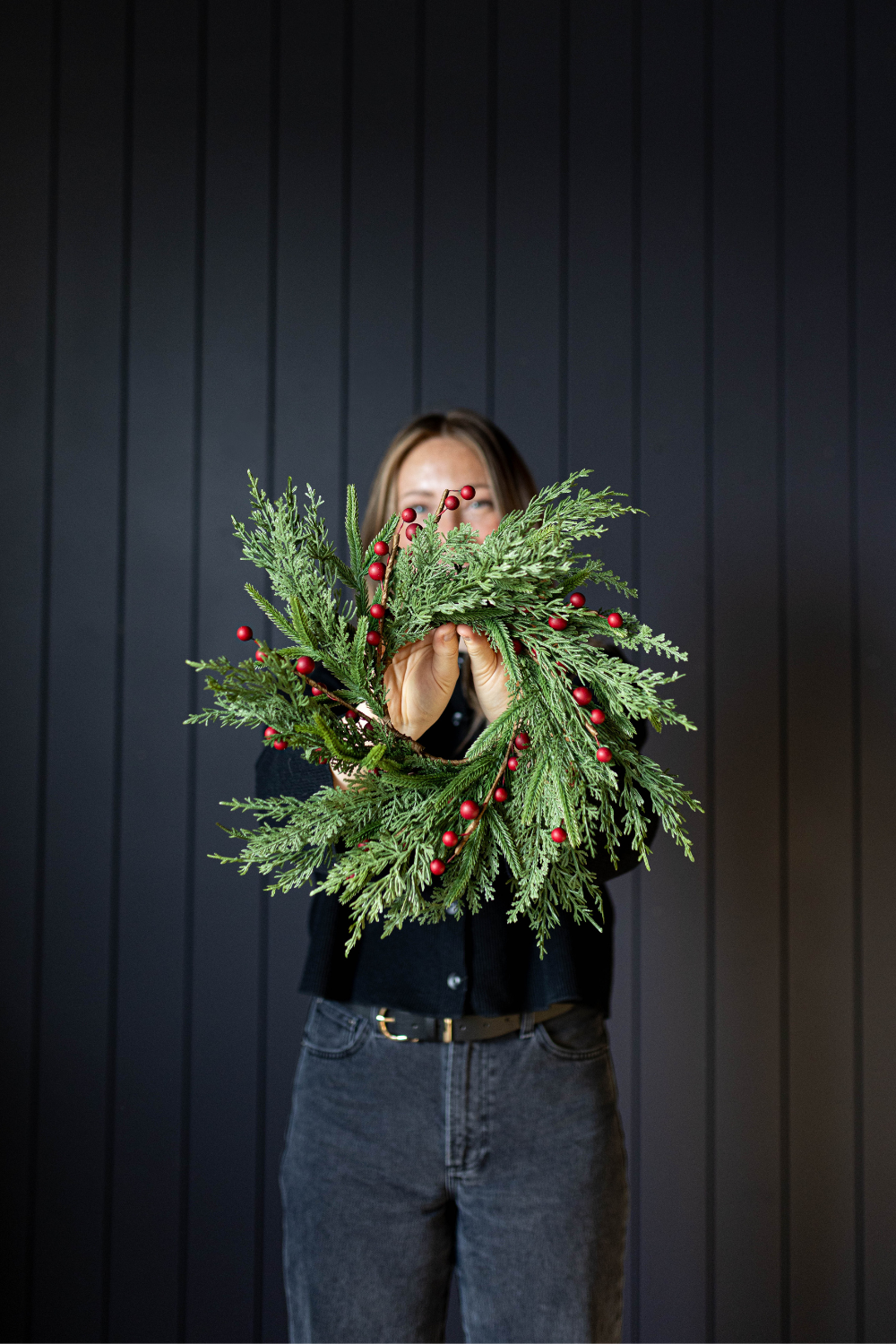 Luxe B Co - Wholesale Wreath - Red Plum Berry Norfolk Cypress Real Touch Wreath - 14"1