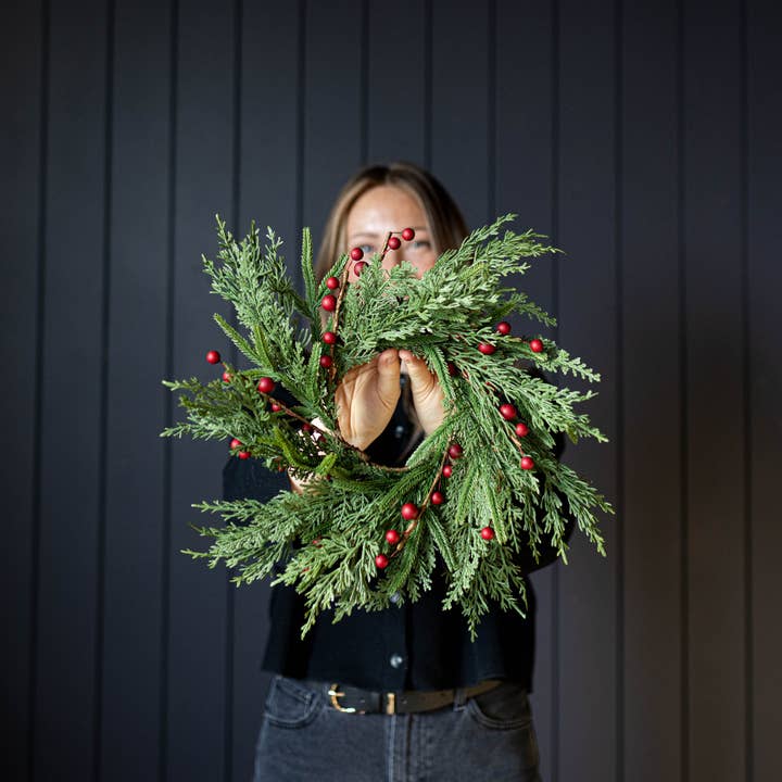 Luxe B Co - Wholesale Wreath - Red Plum Berry Norfolk Cypress Real Touch Wreath - 14"1