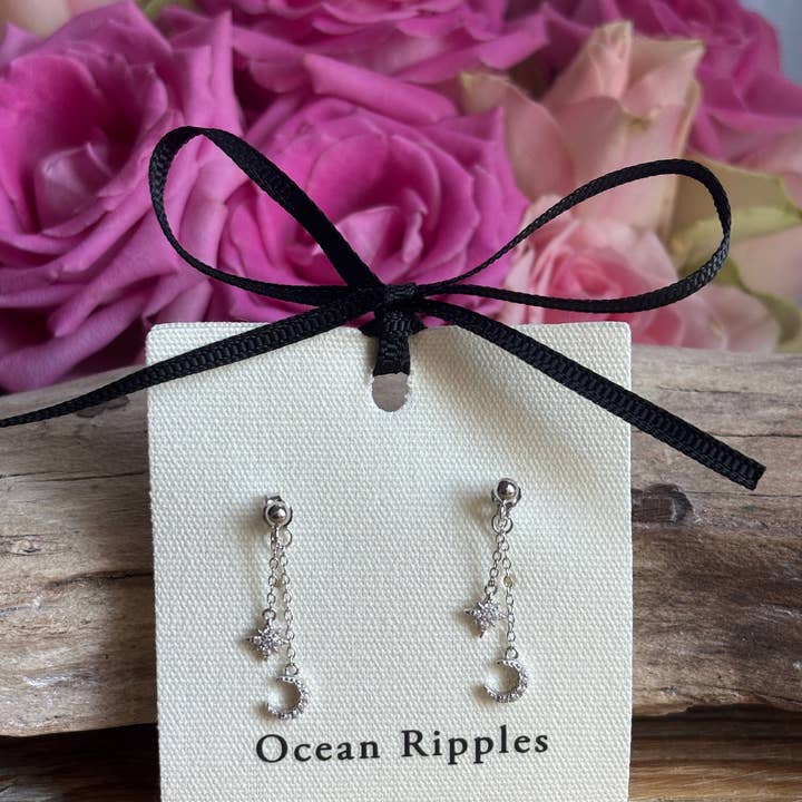 Ocean Ripples - Wholesale Dangle Earrings - 925 Sterling Silver Cubic Zirconia Star Moon Dangle Earrings 1