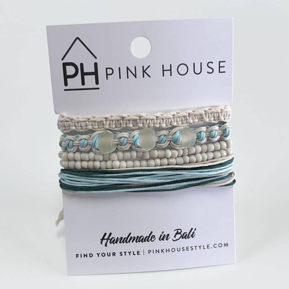 Pink House Imports - Wholesale Woven/Braided Bracelet - Arm Deco Beach Glass Pull Bracelets Set/40