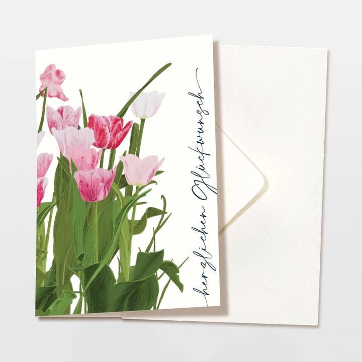 Tarjeta plegable «¡Enhorabuena!», tulipanes rosas, con sobre para venta al por mayor de Wildblumen Atelier