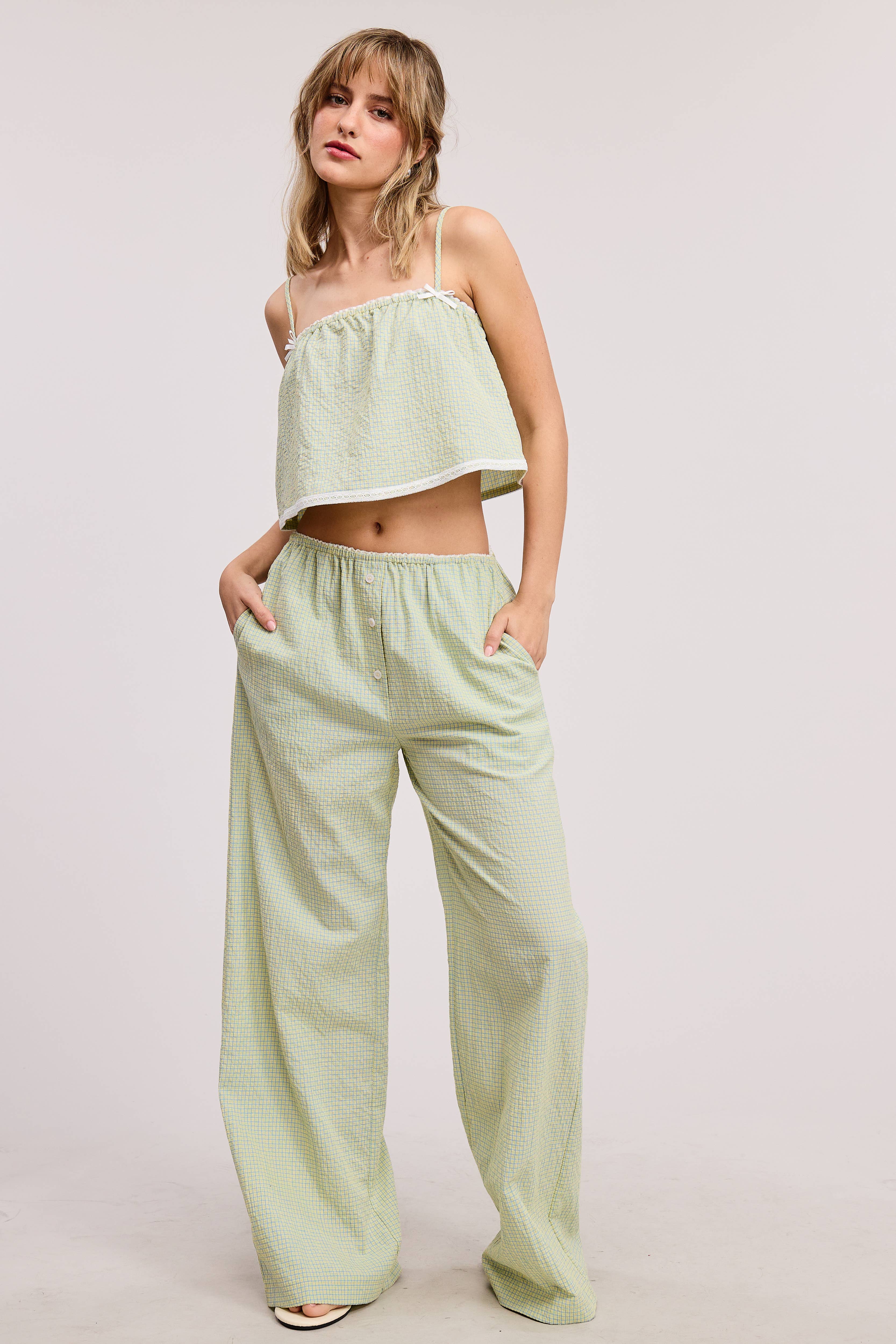 Mimosa - Wholesale Top & Pant Set (NOT Loungewear) - Women's - Plaid Lace Trim Tank and Pants Matching Set9