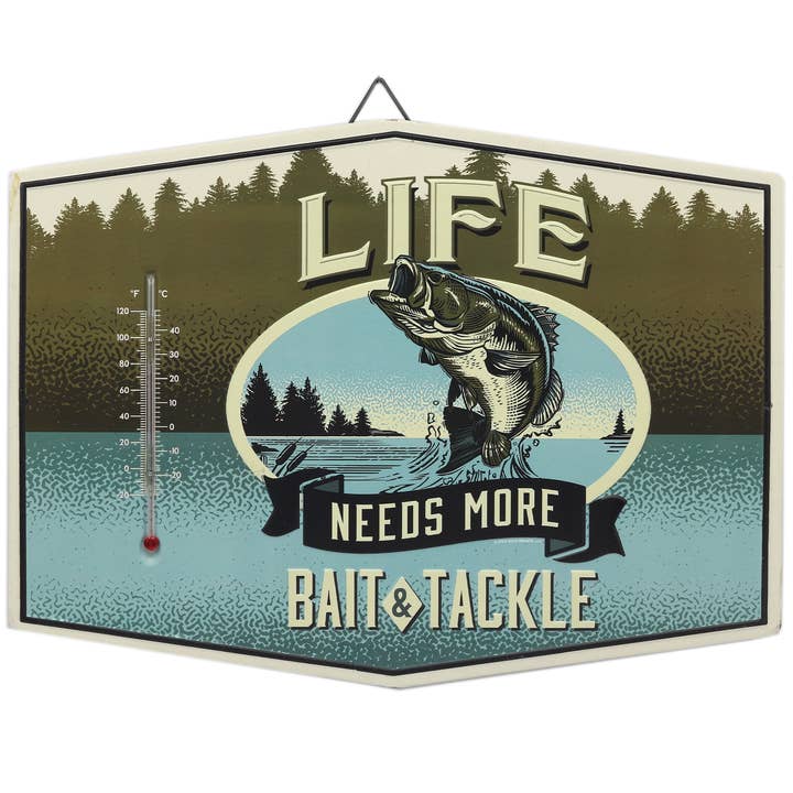 Life Needs Bait & Tackle Metal Wall Thermometer for wholesale by Open Road Brands, LLC