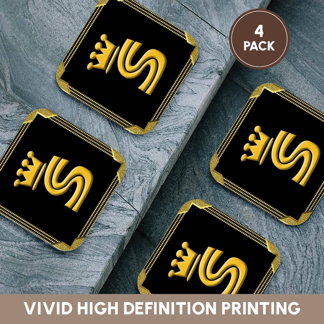 3dRose - Wholesale Coasters - 3dRose, King, queen crown, rich frame. Yellow on black. Stunning letter S, Coaster12