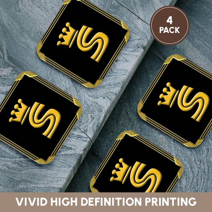 3dRose - Wholesale Coasters - 3dRose, King, queen crown, rich frame. Yellow on black. Stunning letter S, Coaster12