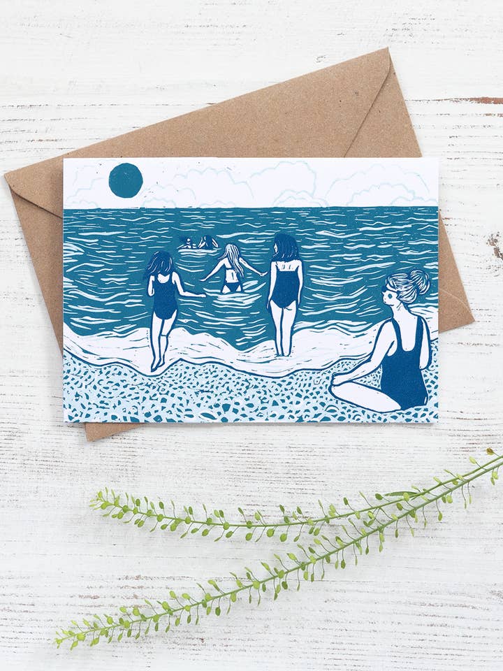 The Swimmers Card, coastal, beach, wild swimming, women, sea for wholesale by Prints by the Bay