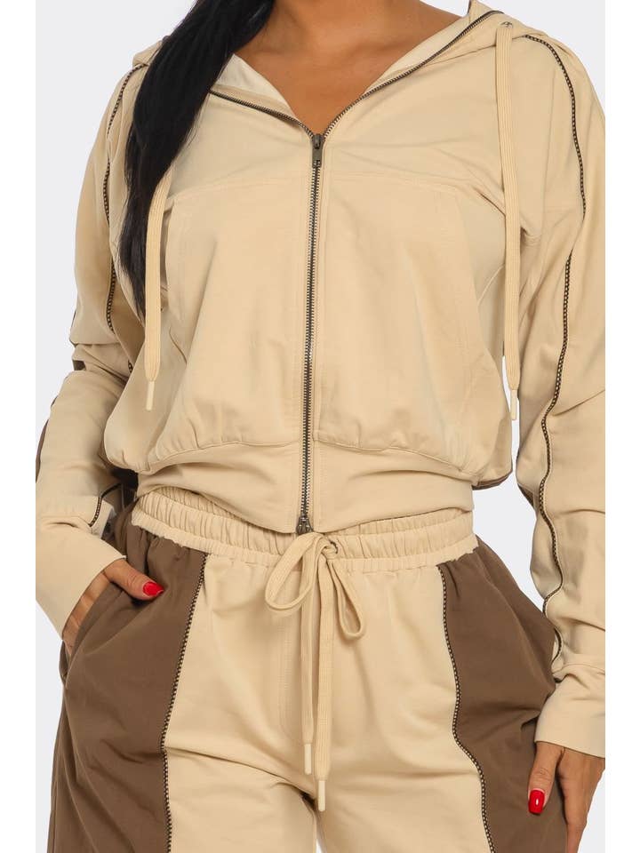 Brown ACTIVE CONTRAST PIPING STRAIGHT PANTS SET for wholesale on Faire2