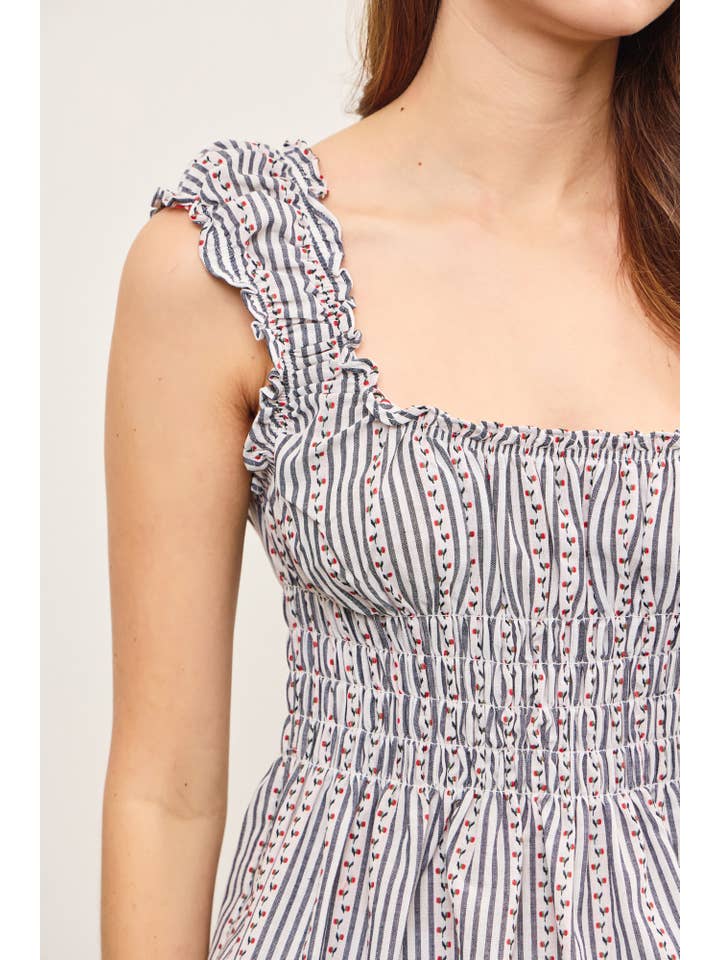 NIGHT BLUE ELASTIC RUFFLE SMOCKED WAIST SLEEVELESS PEPLUM TOP for wholesale on Faire