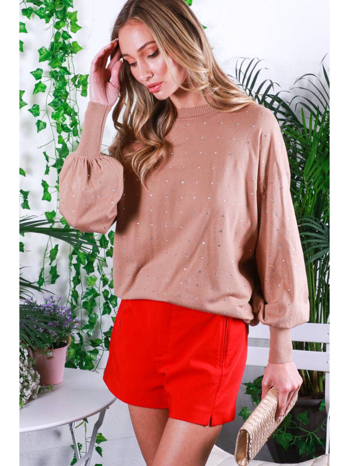 Vine & Love - Wholesale Knit Sweater - Women's - Rhinestone Detail Long Balloon Sleeve Knit Sweater VT60387B