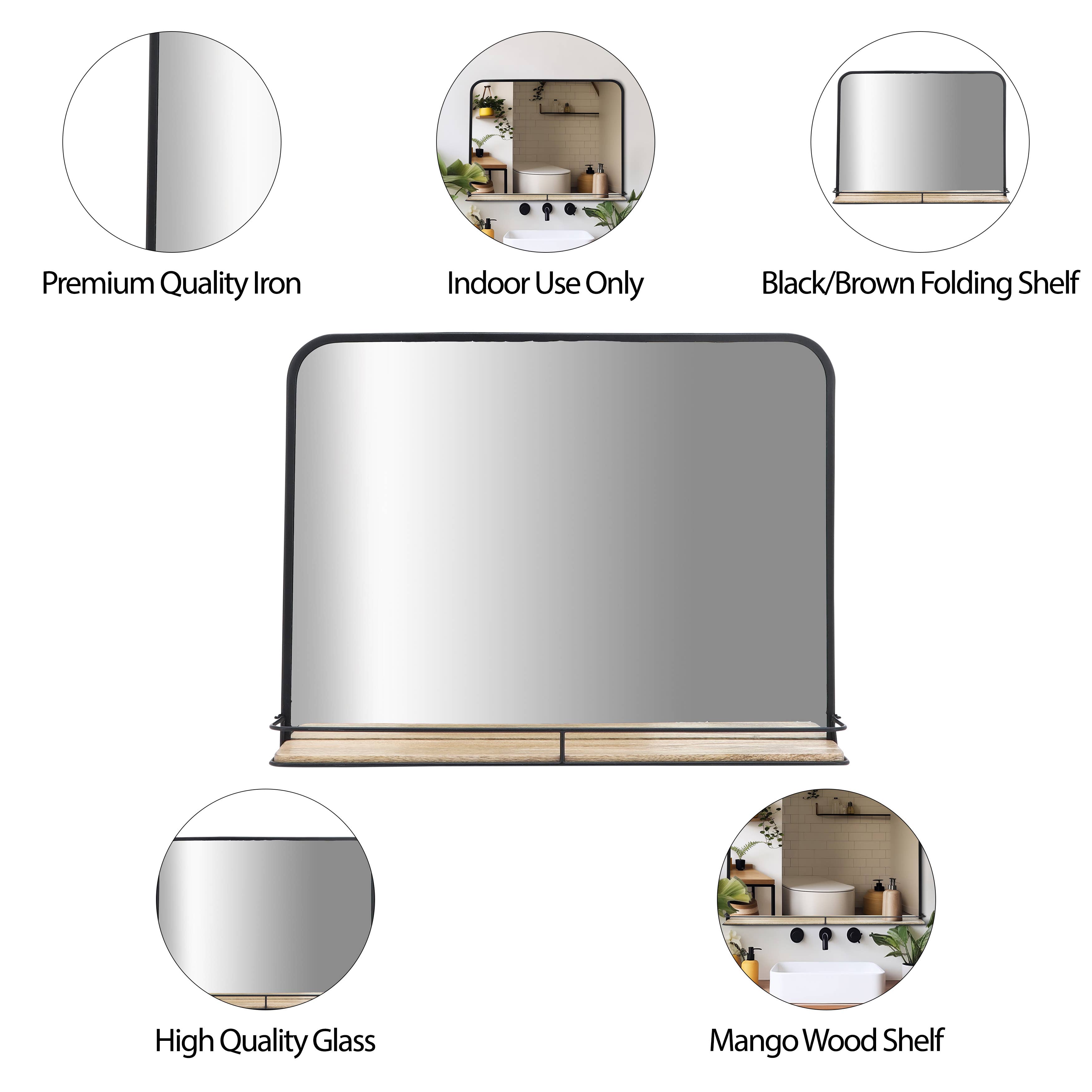 Sagebrook Home - Wholesale Wall Mirror - Metal Wood Wall Mirror with Folding Shelf - Black, 18 in.2