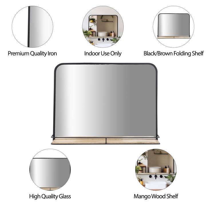 Sagebrook Home - Wholesale Wall Mirror - Metal Wood Wall Mirror with Folding Shelf - Black, 18 in.2