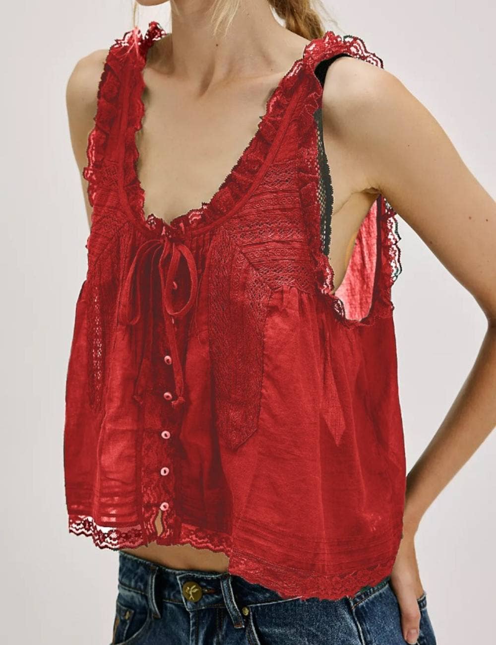 Sweetkama - Venta al por mayor Camisola - Mujer - Top de tirantes de encaje con lazo en V para mujer SKT513040