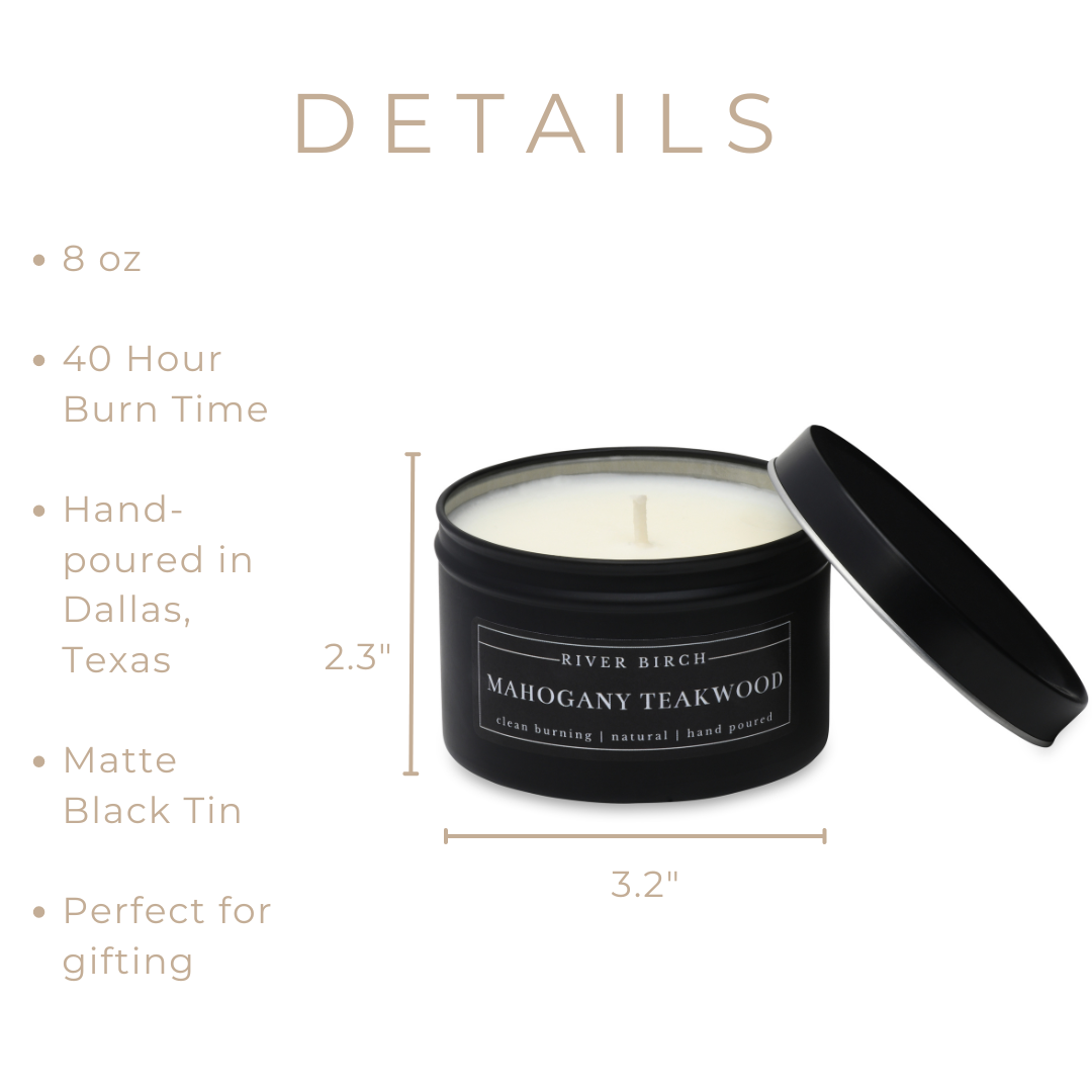 River Birch Candles - Wholesale Travel Candles - 8oz Mahogany Teakwood - Black Tin 7