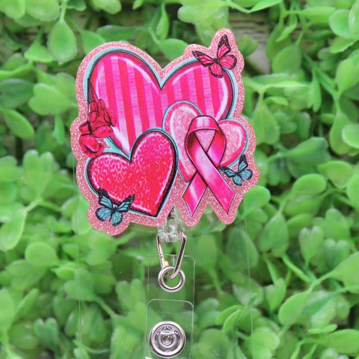 Heart Trio Breast Cancer Awareness Badge Reel for wholesale by Hylidae Boutique