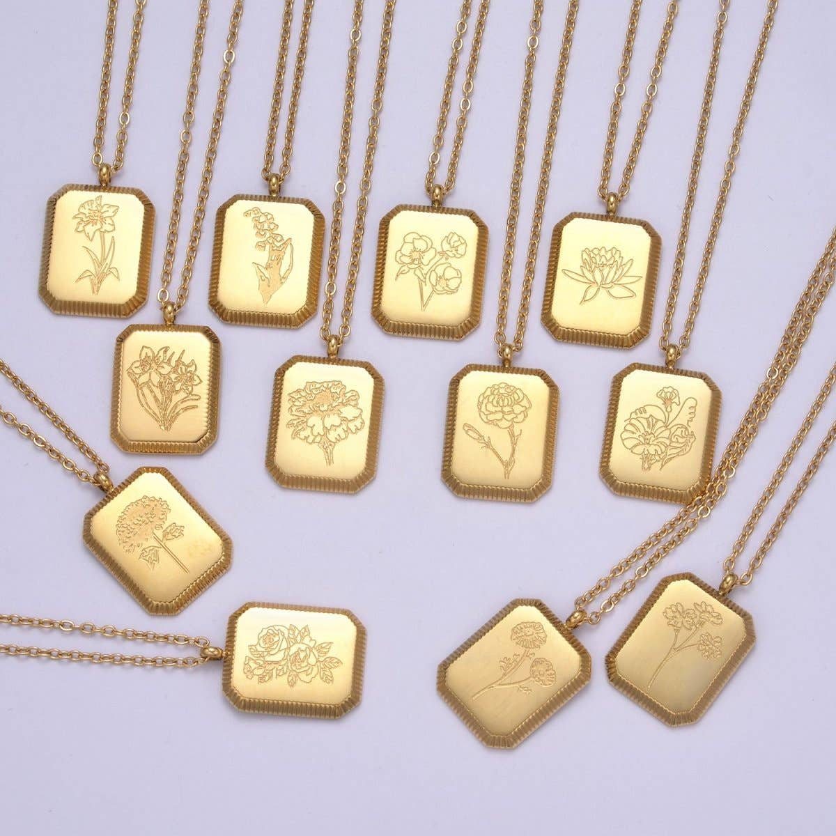 Aim Eternal - Wholesale Pendant/Charm Necklace - Gold Flower Tag Charm Engraved Floral Pendant Necklace with Cable Chain Necklace Wholesale Fashion Jewelry | WA-649 to WA-660 Clearance Pricing11