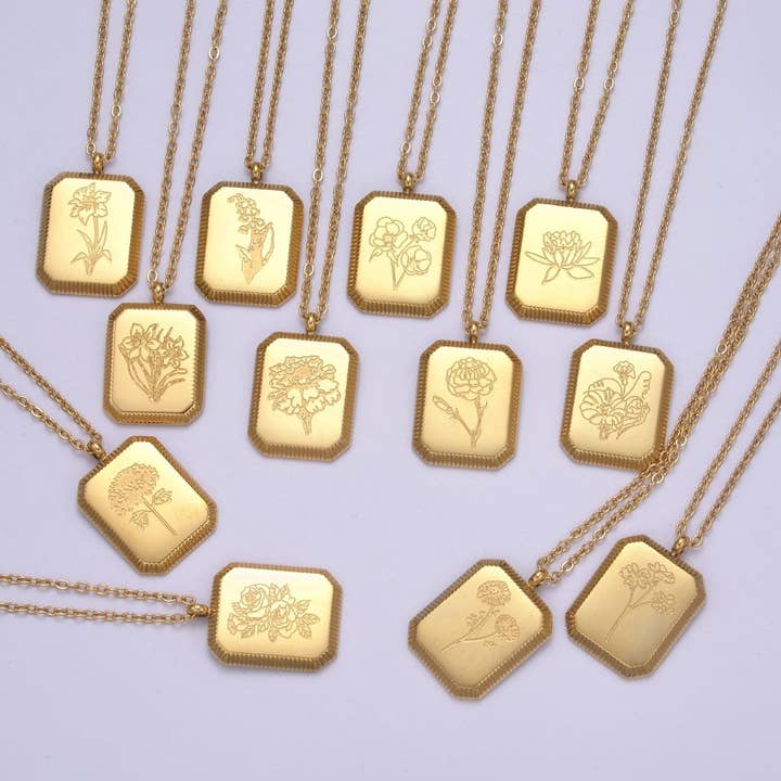 Aim Eternal - Wholesale Pendant/Charm Necklace - Gold Flower Tag Charm Engraved Floral Pendant Necklace with Cable Chain Necklace Wholesale Fashion Jewelry | WA-649 to WA-660 Clearance Pricing11