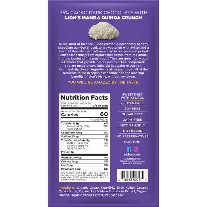 Eidon Ionic Minerals - Wholesale Chocolate Bar - Lion's Mane & Quinoa Crunch Dark Chocolate Bar