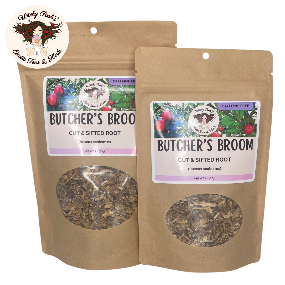 Witchy Pooh's Exotic Teas & Herbs – Engroshandel Løs te – Witchy Poohs Butcher's Broom Te, skåret og sigtet rod2