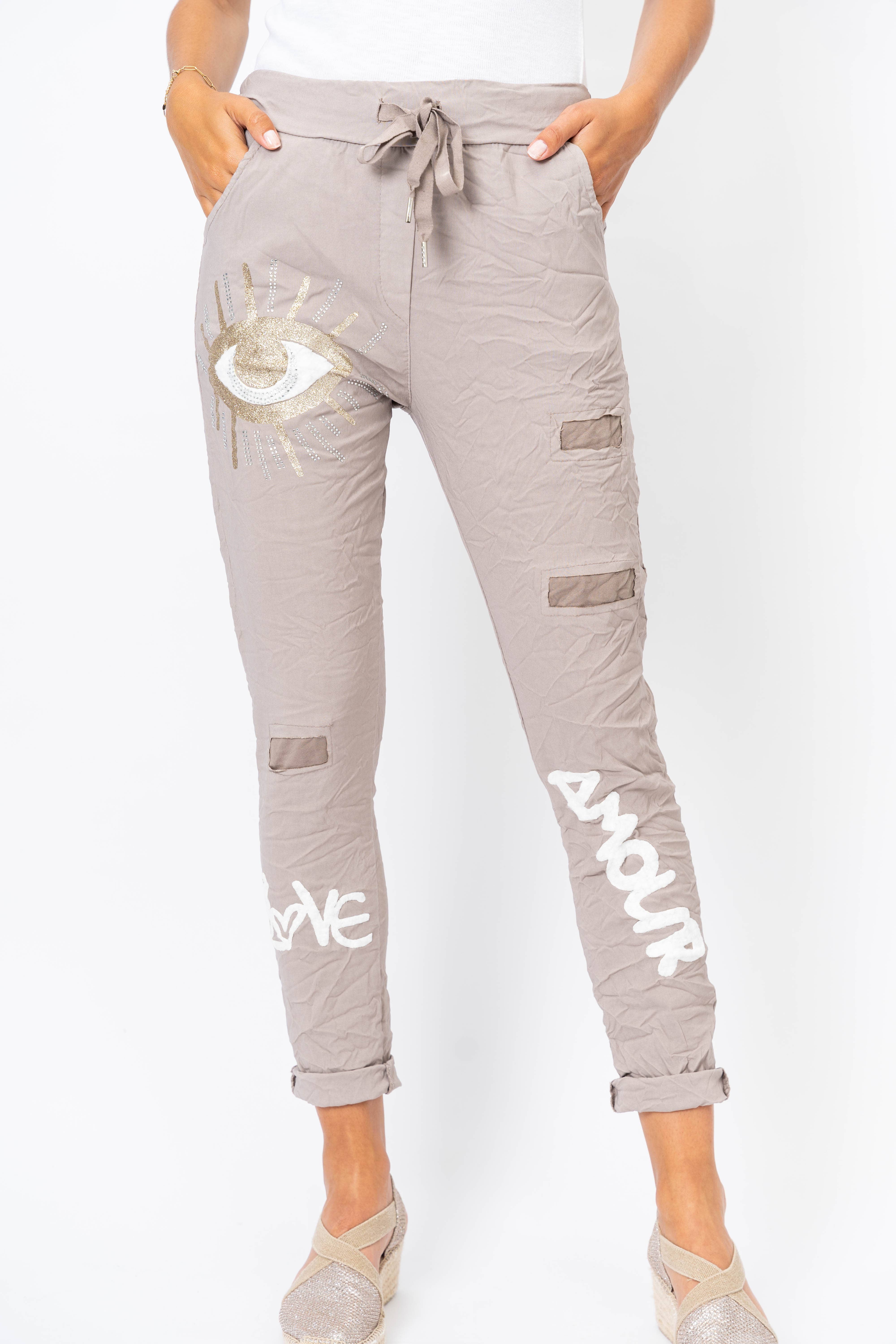 Look Mode Usa - Wholesale Pants - Women's - Jegging pants with writing and Gold Eye0