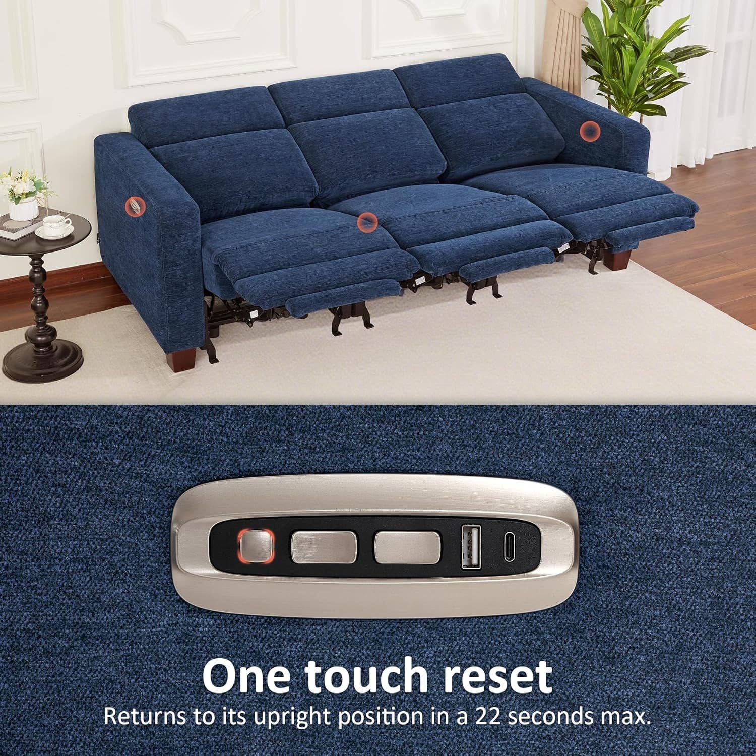 Navy Blue Zero Wall Hugger Power Reclining Sofa USB Ports for wholesale on Faire5