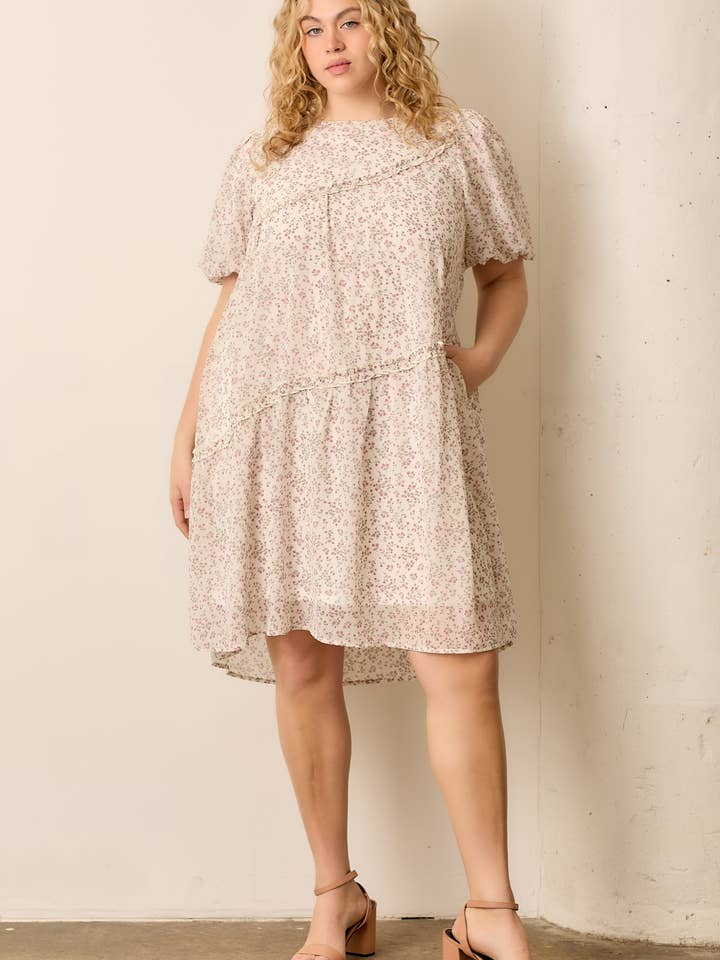 (PLUS SIZE) PRINTED FLORAL BUBBLE SLEEVE MINI DRESS for wholesale by Polagram by Wellmade USA