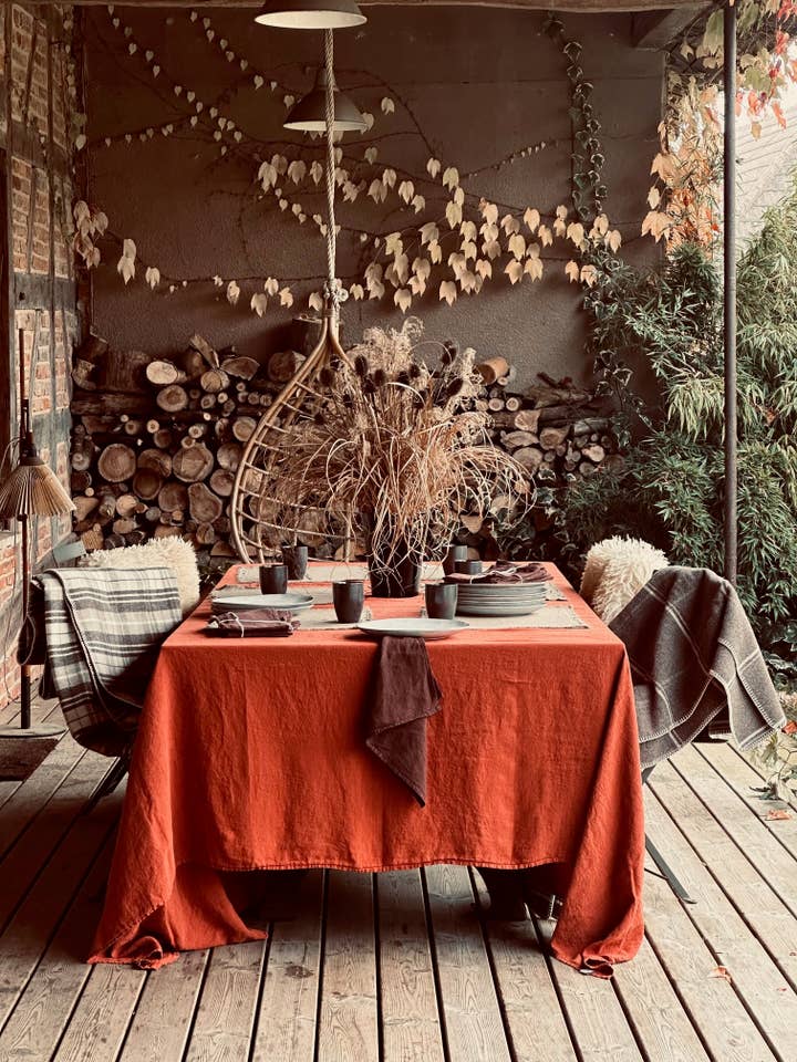 Washed linen tablecloth terracotta for wholesale by la draperie francaise