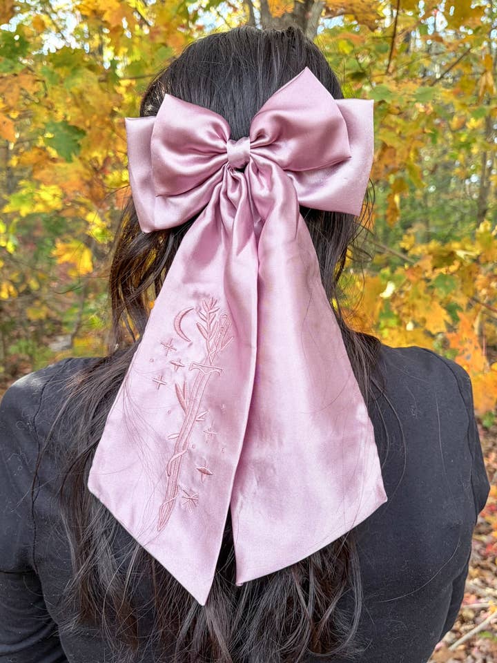 Sword Hair Bow Clip | Embroidered Bookish Satin Bow for wholesale by Blissfully Bookish Company