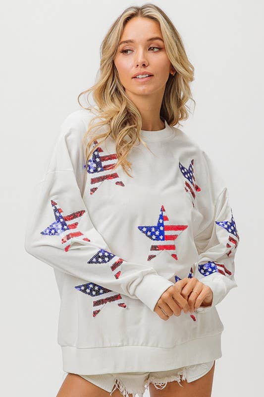 BLANC CASSÉ Pull en forme d'étoile à sequins avec drapeau américain en vente sur Faire2