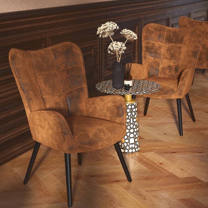 39F Inc. - Vente Chaises - Fauteuils de salon rétro industriels à dossier haut (beige/marron)3