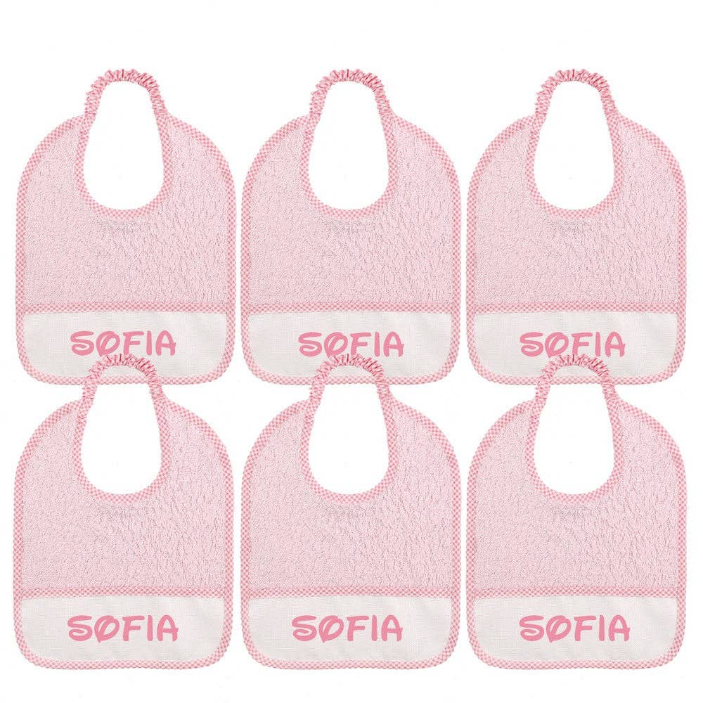 Almatex srl – Engroshandel Hagesmæk - Baby – 6 små hagesmække 24x27 med ELASTIK, tilpasset med det navn, du ønsker.2