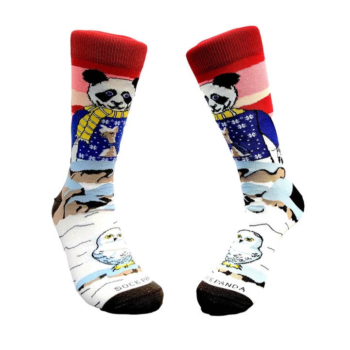 Winter Panda Wearing a Llama Sweater Watching a Snowy Owl (Adult Large - Men's Shoe Sizes 8-12) for wholesale by Sock Panda