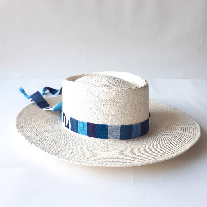 Achiote Guatemalan Goods - Wholesale Boater Hat - Women's - Palm Hat | Classic Structured Wide Brim | Blue & White4