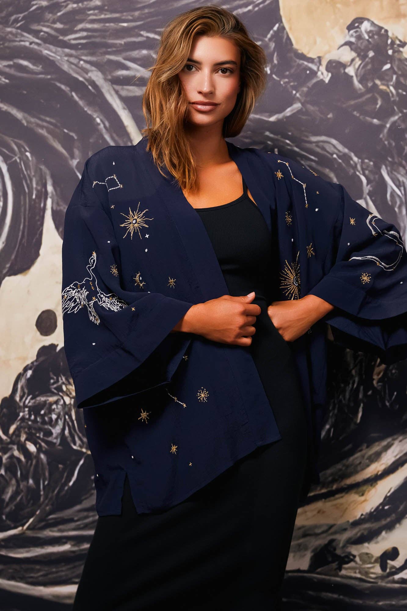 Artemis Muse – wholesale Kimono – Women's – Cosmos Embroidered Navy Blue, Ivory and Gold Fully Lined Short Kimono4