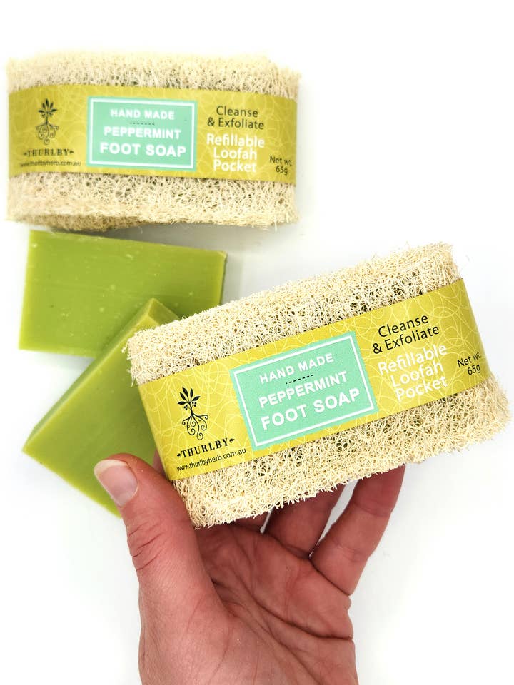Handmade Peppermint Foot Soap with Loofah in Display Box for wholesale by Thurlby Handmade Aromatic Homewares