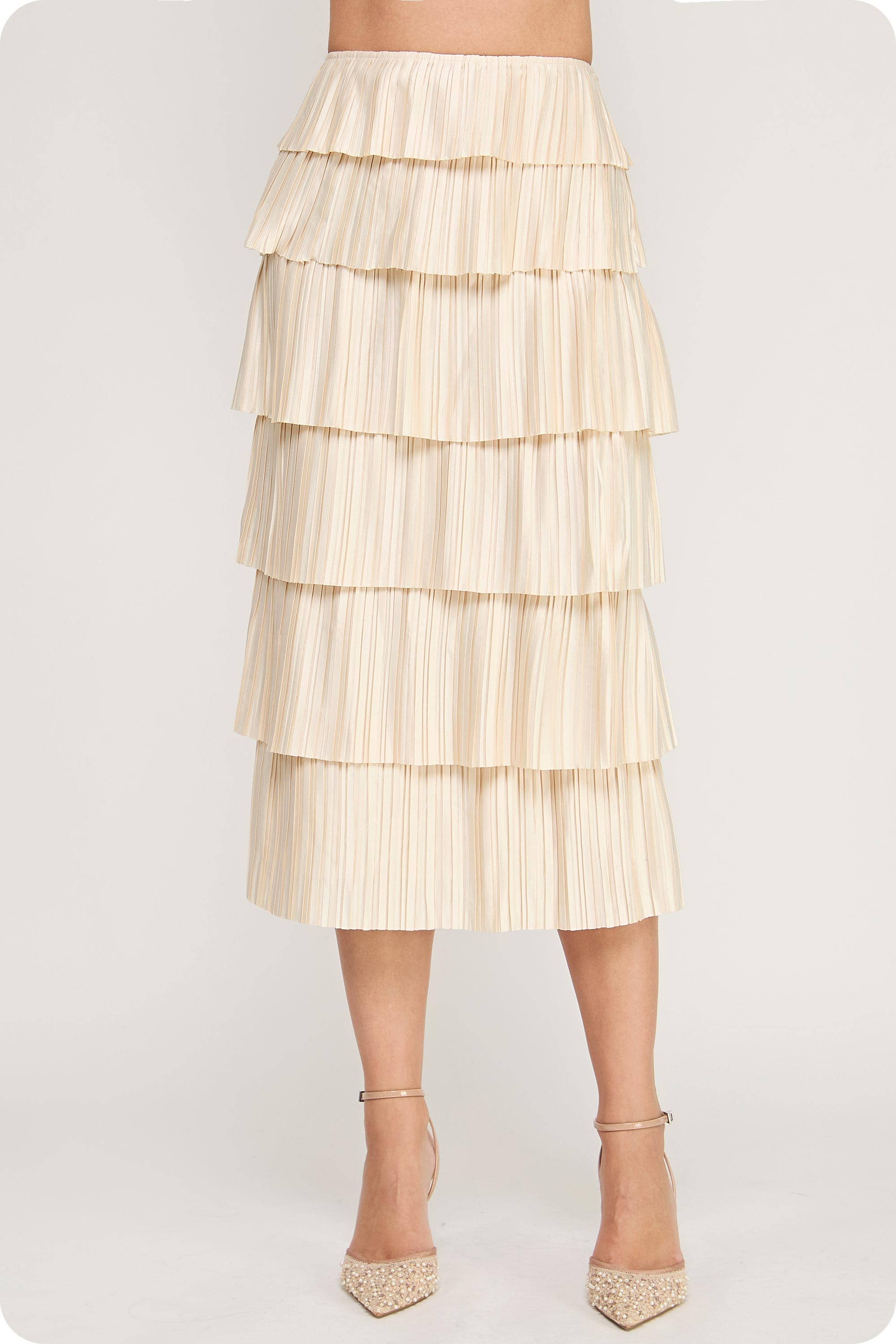 Strut & Bolt - Wholesale Skirt - Women's - Pleated Satin Tiered Midi Skirt0