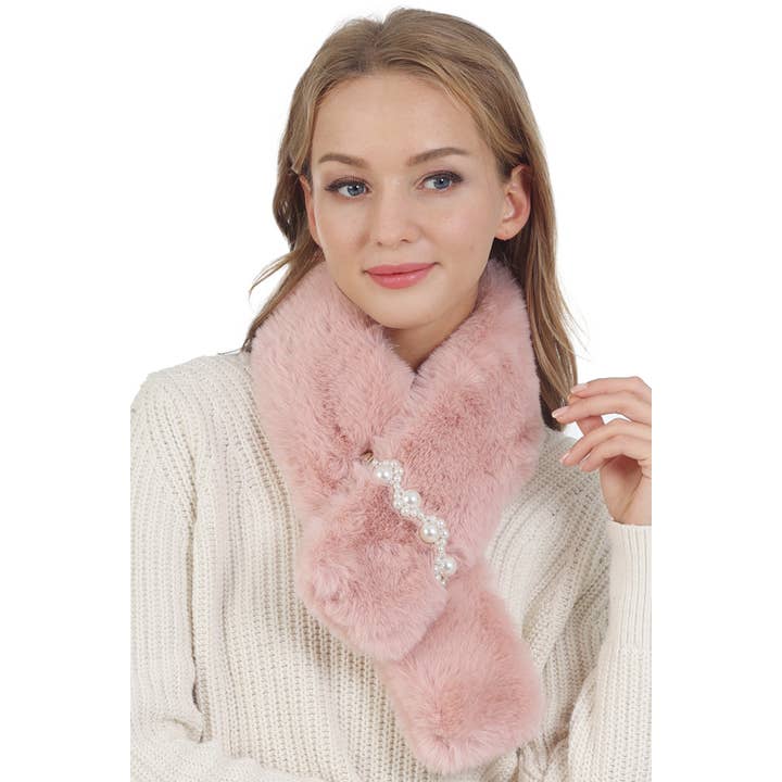 Cap Zone - Wholesale Scarf - Women's - Lux Faux Pearl Insert Fluffy Faux Fur Stole Scarf4