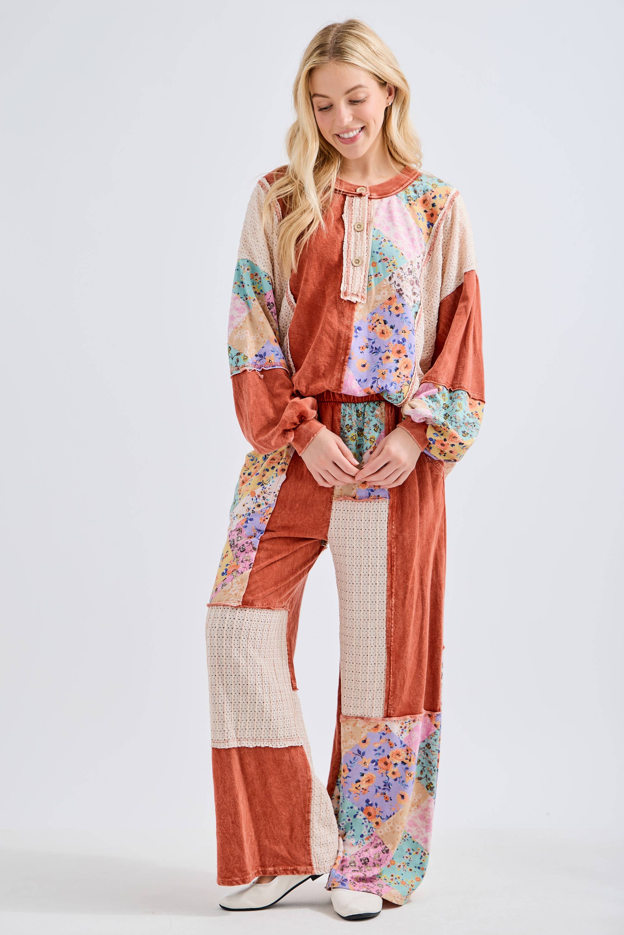 J.Her - Wholesale Pants - Women's - Mineral Washed Floral WaveKnit Jacquard Boho Pants HP610626